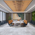 Modern Conference Room Interior Design With Long Table Chairs Ceiling Lights And Living Plant Wall