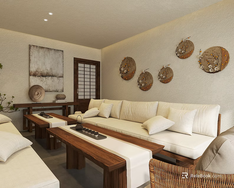 Traditional Tea Room With Cushioned Sofas Wooden Tables And Wall Decor 3d model 