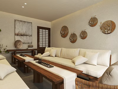 Traditional Tea Room With Cushioned Sofas Wooden Tables And Wall Decor 3d model