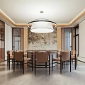Chinese Style Private Dining Room With Round Table Wooden Chairs And Decorative Painting