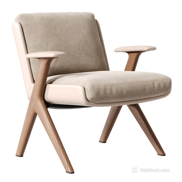 Modern Upholstered Leisure Chair With Wooden Arms And Cross Legs 3d model 