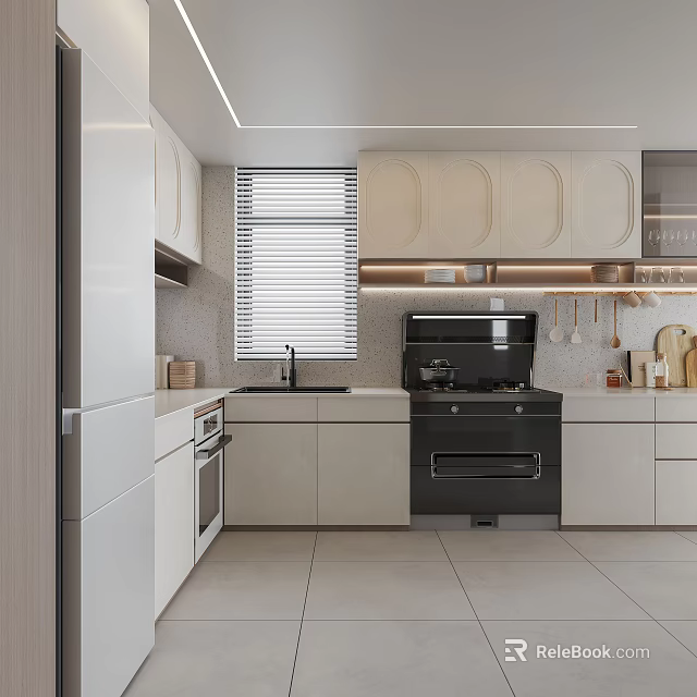 Modern Kitchen Interior Design Featuring White Cabinets Black Appliances And Window Blinds 3d model 