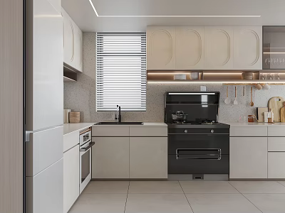 Modern Kitchen Interior Design Featuring White Cabinets Black Appliances And Window Blinds 3d model