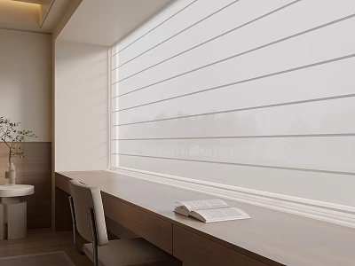 Minimalist Light Toned Room With Large Window White Blinds Wooden Desk Open Book And Chair 3d model