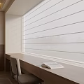 Minimalist Light Toned Room With Large Window White Blinds Wooden Desk Open Book And Chair