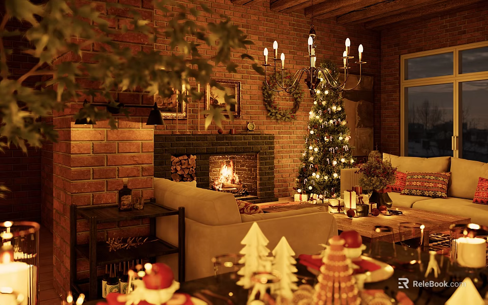 Cozy Living Room With Red Brick Fireplace Lit Fire Christmas Tree And Decorations 3d model 
