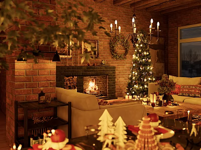 Cozy Living Room With Red Brick Fireplace Lit Fire Christmas Tree And Decorations 3d model
