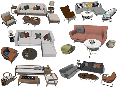 Various Styles Sofa Coffee Table Combinations With Colorful Cushions And Living Room Furniture 3d model