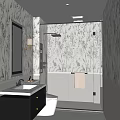 Modern Bathroom With Black White Floral Wallpaper Glass Shower Dark Vanity White Toilet Marble Flooring