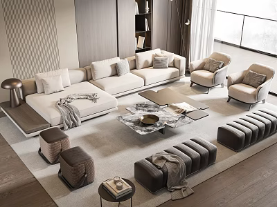 Modern Beige Fabric Sofa and Coffee Table Set With Armchairs Ottomans and Soft Carpet 3d model