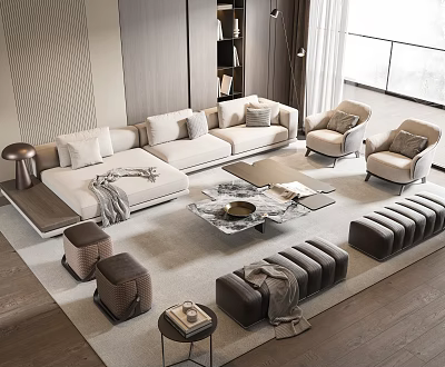 Modern Beige Fabric Sofa and Coffee Table Set With Armchairs Ottomans and Soft Carpet 3d model