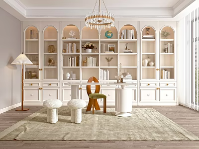 Study Room Interior With White Bookshelves Chandelier Green Chair And Rug 3d model