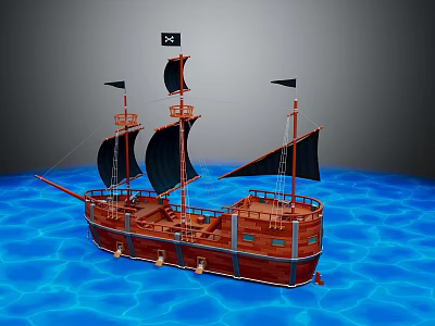 Wooden Pirate Ship With Black Sails And Skull Flag Sailing On Blue Water 3d model