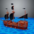 Wooden Pirate Ship With Black Sails And Skull Flag Sailing On Blue Water