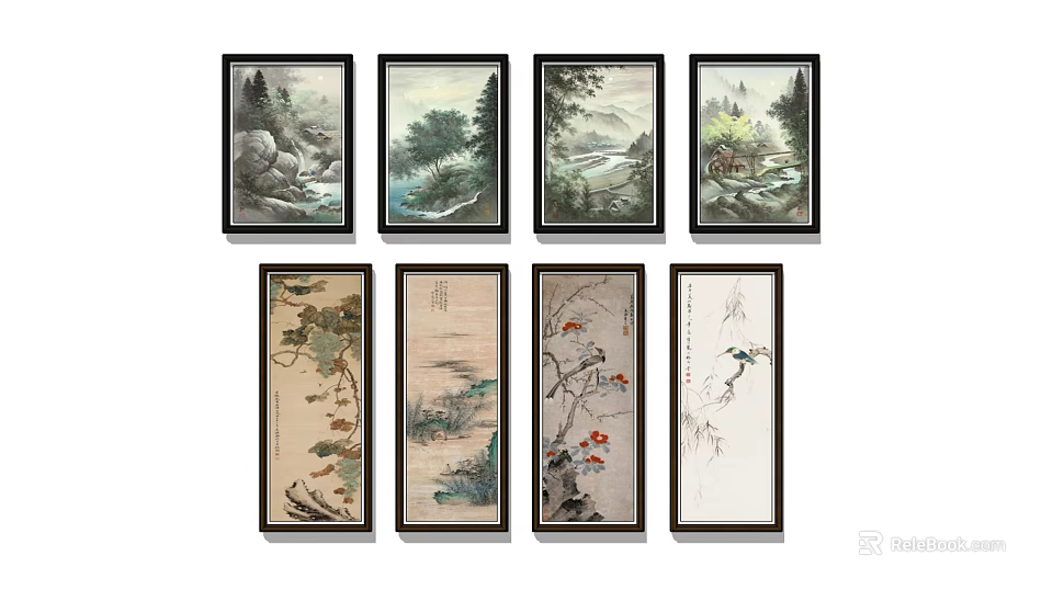 Chinese Style Landscape Paintings With Various Scenes Mountains Rivers Trees And Flowers In Black Framed 3d model 