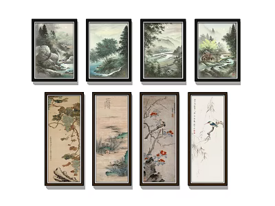 Chinese Style Landscape Paintings With Various Scenes Mountains Rivers Trees And Flowers In Black Framed 3d model