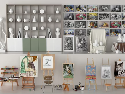 Artistic Decorative Ornament Set With Sculptures Paintings Easels And Shelves For Home Decor 3d model