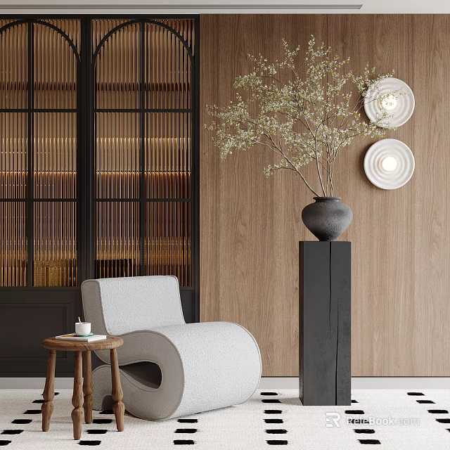 Bonsai Plant in Gray Vase on Black Pedestal for Modern Interior with Wooden Wall Lights 3d model 
