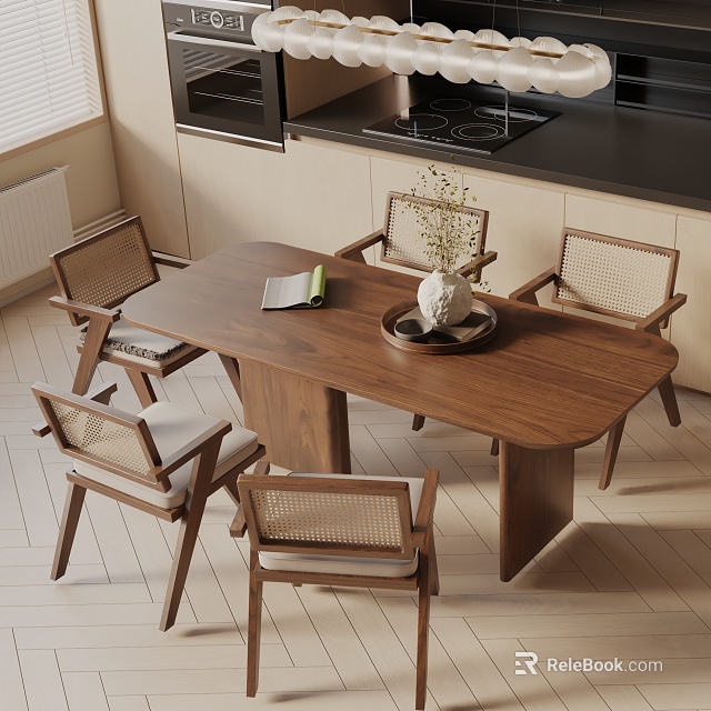 Modern Wooden Dining Table Set With Four Rattan Back Chairs And Decorative Vase 3d model 