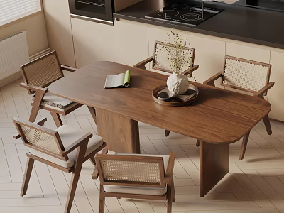 Modern Wooden Dining Table Set With Four Rattan Back Chairs And Decorative Vase 3d model