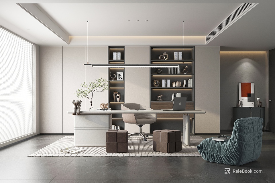 Modern Minimalist Study Room Interior With Wooden Desk Ergonomic Chair And Open Bookshelves 3d model 