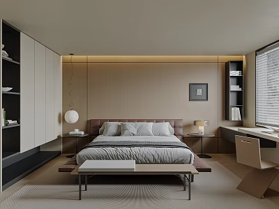 Modern Bedroom Interior Design With Bedside Tables Framed Picture Built In Bookshelves And Writing Desk 3d model