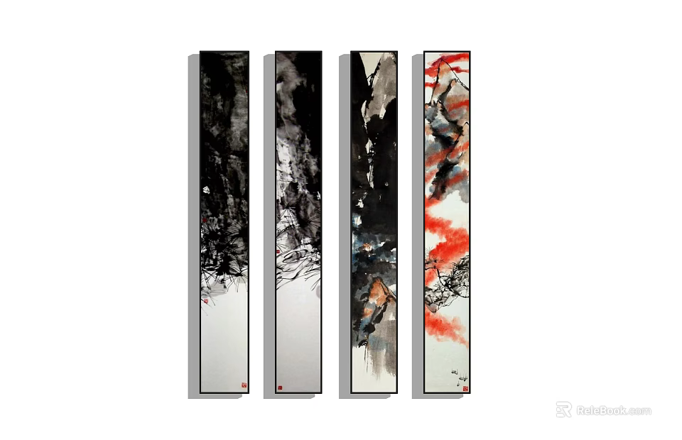 Four Vertical Chinese Ink Paintings With Black White Gray Red Abstract Landscape Design 3d model 