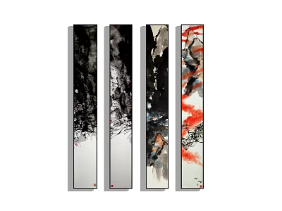 Four Vertical Chinese Ink Paintings With Black White Gray Red Abstract Landscape Design 3d model