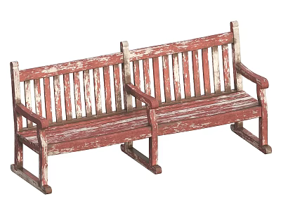 Vintage Wooden Public Bench With Weathered Red Finish Armrests And Slatted Design 3d model