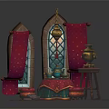 Cartoon Scene with Fairy Tale Castle Windows Red Scrolls Golden Lanterns and Decorative Vases