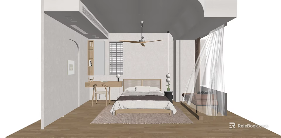 Modern Minimalist Bedroom With Double Bed Wooden Floor Ceiling Fan And Curtain 3d model 