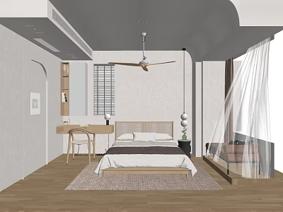 Modern Minimalist Bedroom With Double Bed Wooden Floor Ceiling Fan And Curtain 3d model
