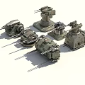 Various Mechanical Turret Models With Metallic Structures And Weapon Systems Design 3d model