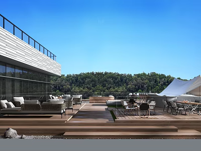 Modern Rooftop Terrace With Wooden Deck Outdoor Furniture Green Trees And Blue Sky 3d model