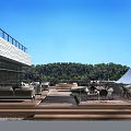 Modern Rooftop Terrace With Wooden Deck Outdoor Furniture Green Trees And Blue Sky