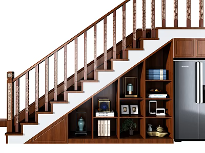 Wooden Staircase With Ornate Handrail And Under Stair Storage Shelves For Books And Decor 3d model