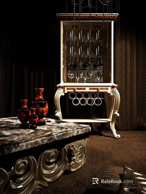 Elegant White Wine Cabinet With Ornate Legs Glass Holder And Wine Bottle Rack 3d model 