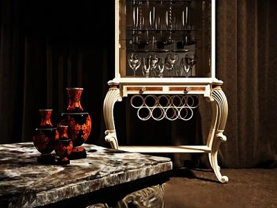 Elegant White Wine Cabinet With Ornate Legs Glass Holder And Wine Bottle Rack 3d model