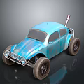 Blue Modified Beetle Style Car With Large Tires Metal Frame And Antenna