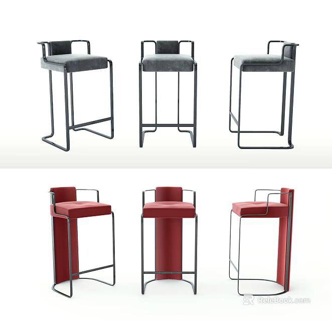 Modern Gray and Red Bar Stools With Metal Frame And Upholstered Seats 3d model 