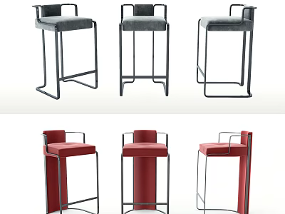 Modern Gray and Red Bar Stools With Metal Frame And Upholstered Seats 3d model
