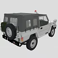 White Utility Vehicle With Black Roof Red Warning Light Front Grille And Off Road Tires