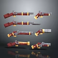 Blocky Pixel Style Weapons Featuring Red Yellow Gray Colors And Multiple Game Assets 3d model
