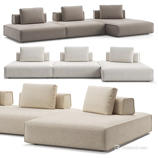 Modern Beige Fabric Double Sofa With Modular Design And Comfortable Cushions 3d model 