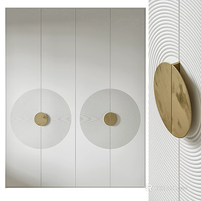 Modern Wardrobe Design With White Panel Doors Round Glass Decor And Gold Handles 3d model 