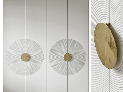 Modern Wardrobe Design With White Panel Doors Round Glass Decor And Gold Handles 3d model