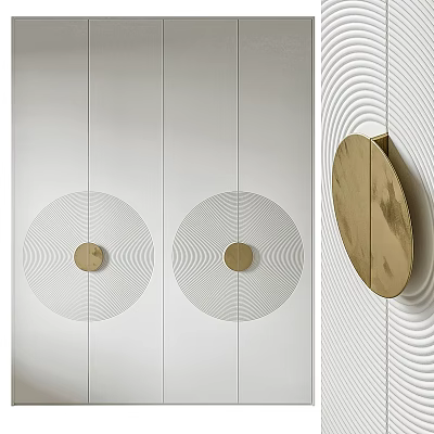 Modern Wardrobe Design With White Panel Doors Round Glass Decor And Gold Handles 3d model