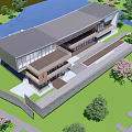 Modern Sales Office Building With Green Lawn Trees Pink Flowers And Water Feature