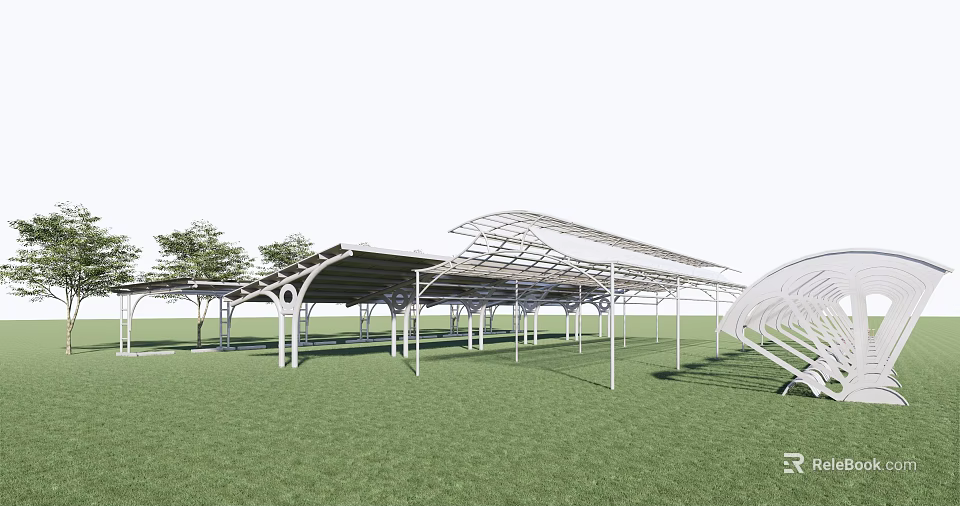 Outdoor Modern Shade Canopy With Metal Frame And Transparent Roof On Green Grass 3d model 