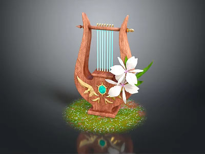 Decorative Commercial Equipment Wooden Lyre With Golden Decorations Green Gemstone White Flowers And Sparkling Effect 3d model